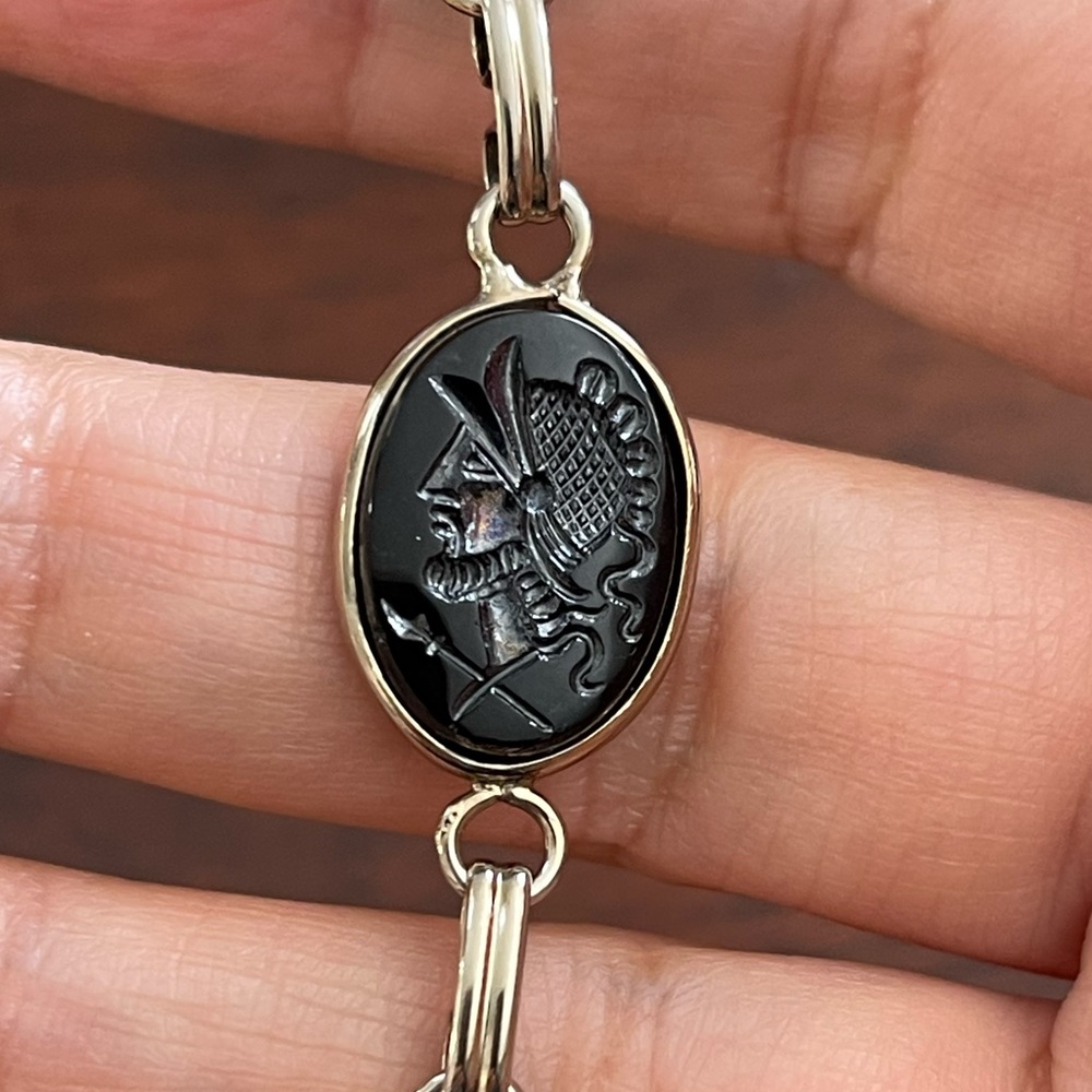 Imitation hematite carved Roman soldier silver tone adjustable bangle bracelet - Picture 3 of 7